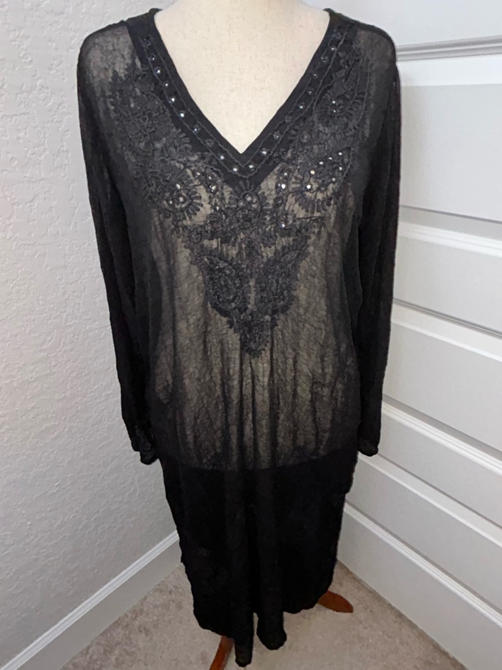 Florence + Fred Embroidered Sheer Long Sleeve Tunic Maxi Cover Up